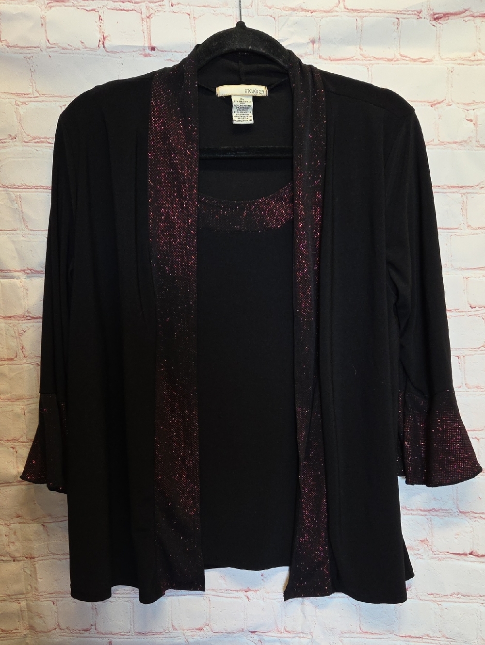 Chico's Black Layered Open-Front Top with Pink Sparkle Trim